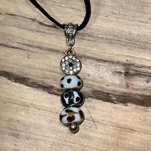 Bead With Rhinestone Accent Necklace On Cord Hand Crafted